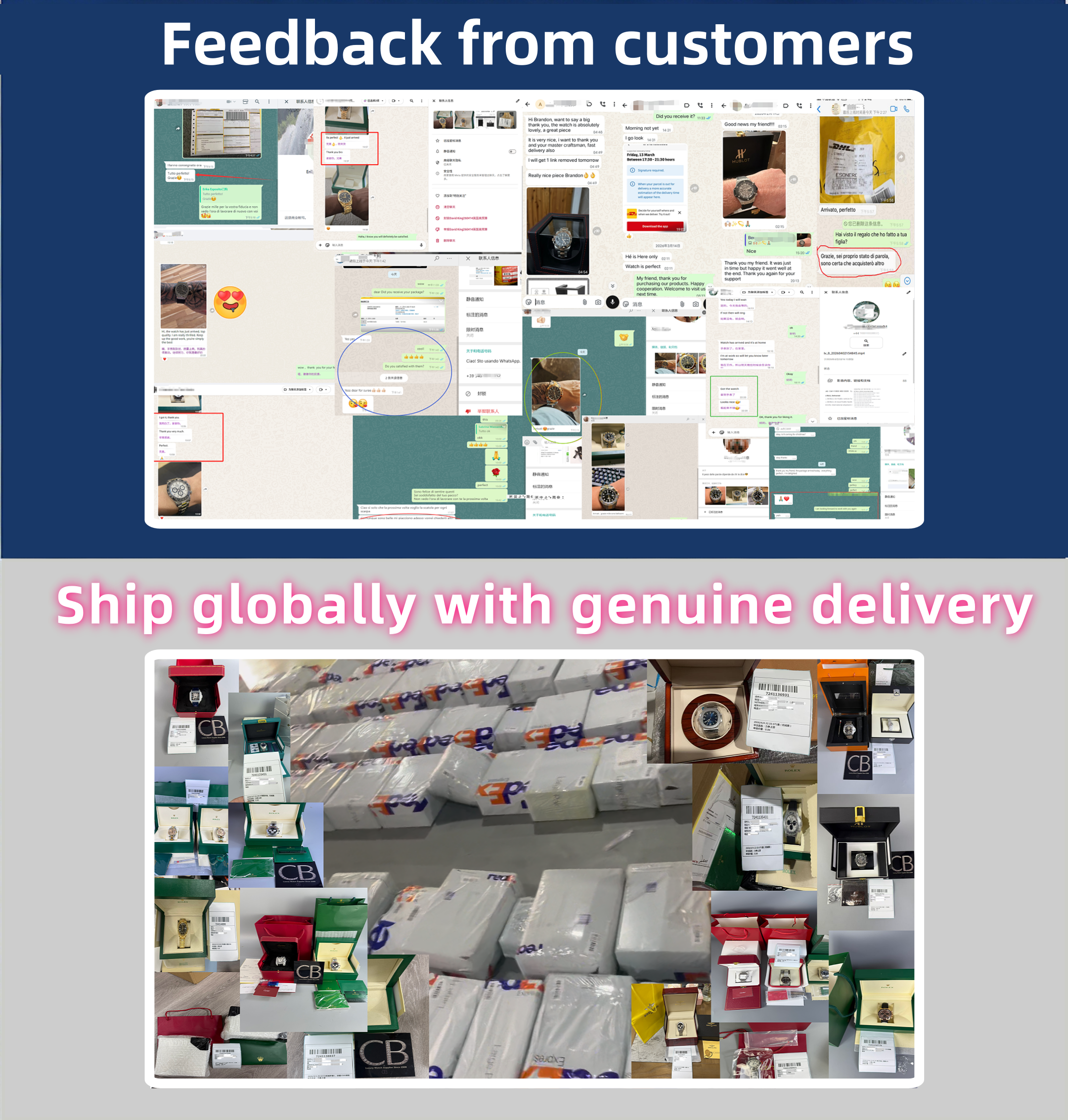 Customer feedback and worldwide delivery proof